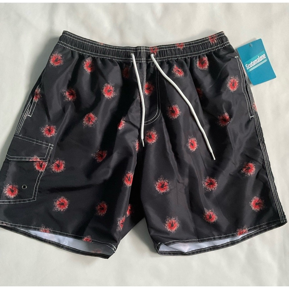 Scotamalone Men's Floral Swim Trunks Black Red Drawstring Pockets Size L